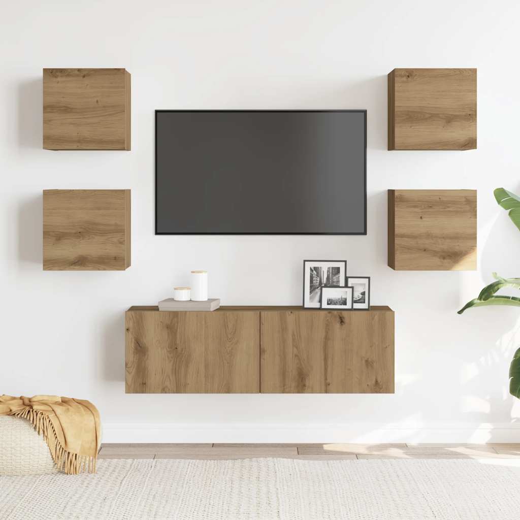 5-delig Tv-meubelset wandmontage bewerkt hout artisanaal eiken – afbeelding 3