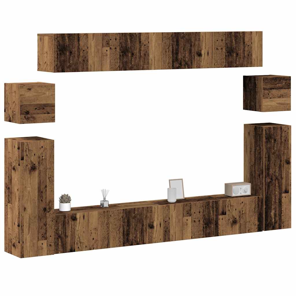 8-delig Tv-meubelset wandmontage bewerkt hout oud houtkleurig – afbeelding 1