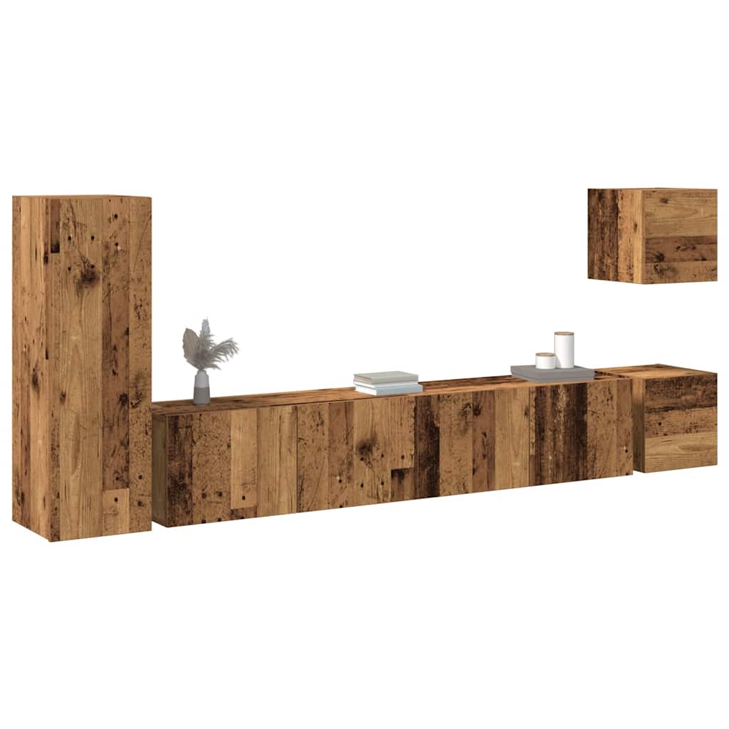 5-delig Tv-meubelset wandmontage bewerkt hout oud houtkleurig – afbeelding 1