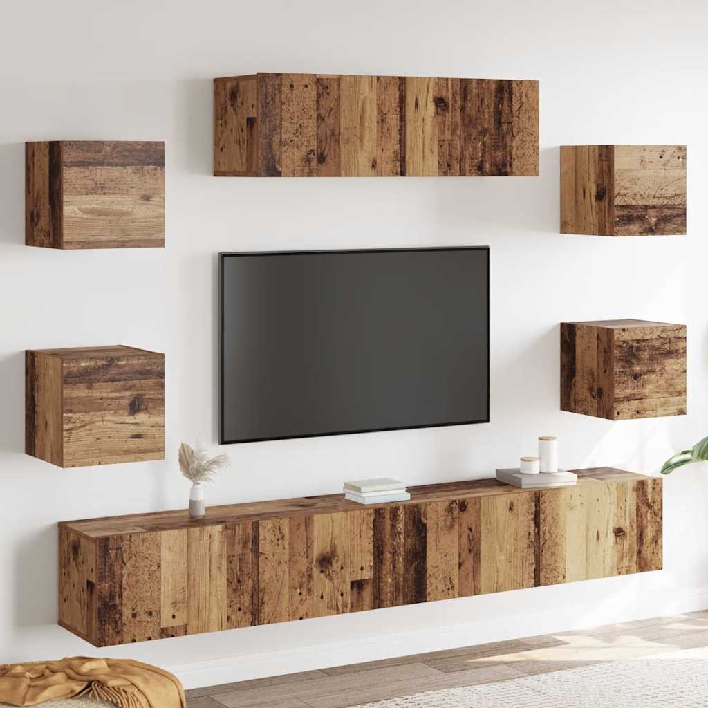 7-delig Tv-meubelset wandmontage bewerkt hout oud houtkleurig – afbeelding 1