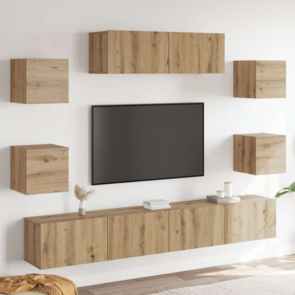 7-delig Tv-meubelset wandmontage bewerkt hout artisanaal eiken