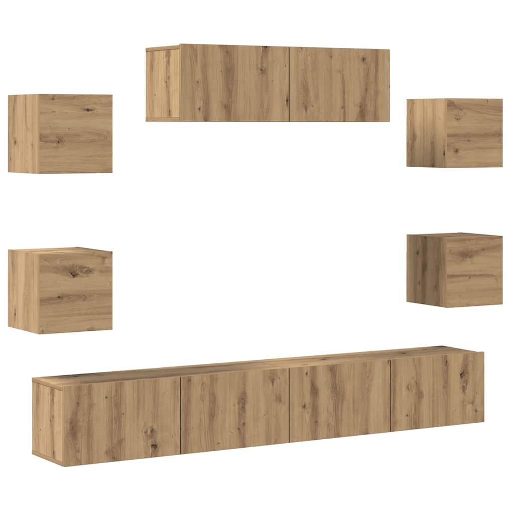 7-delig Tv-meubelset wandmontage bewerkt hout artisanaal eiken – afbeelding 2