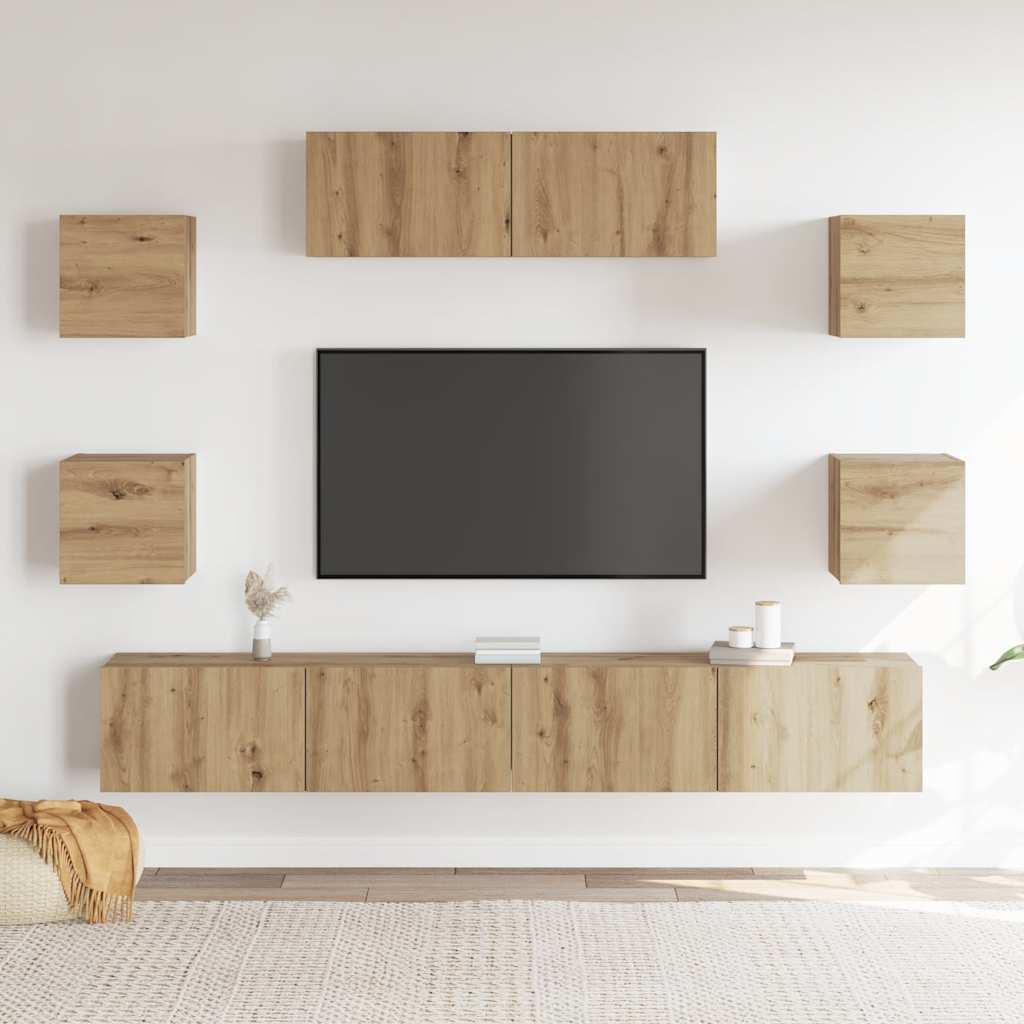 7-delig Tv-meubelset wandmontage bewerkt hout artisanaal eiken – afbeelding 3