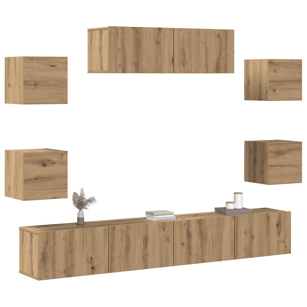 7-delig Tv-meubelset wandmontage bewerkt hout artisanaal eiken – afbeelding 4