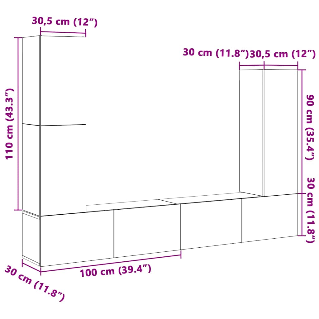 4-delig Tv-meubelset wandmontage bewerkt hout oud houtkleurig – afbeelding 11