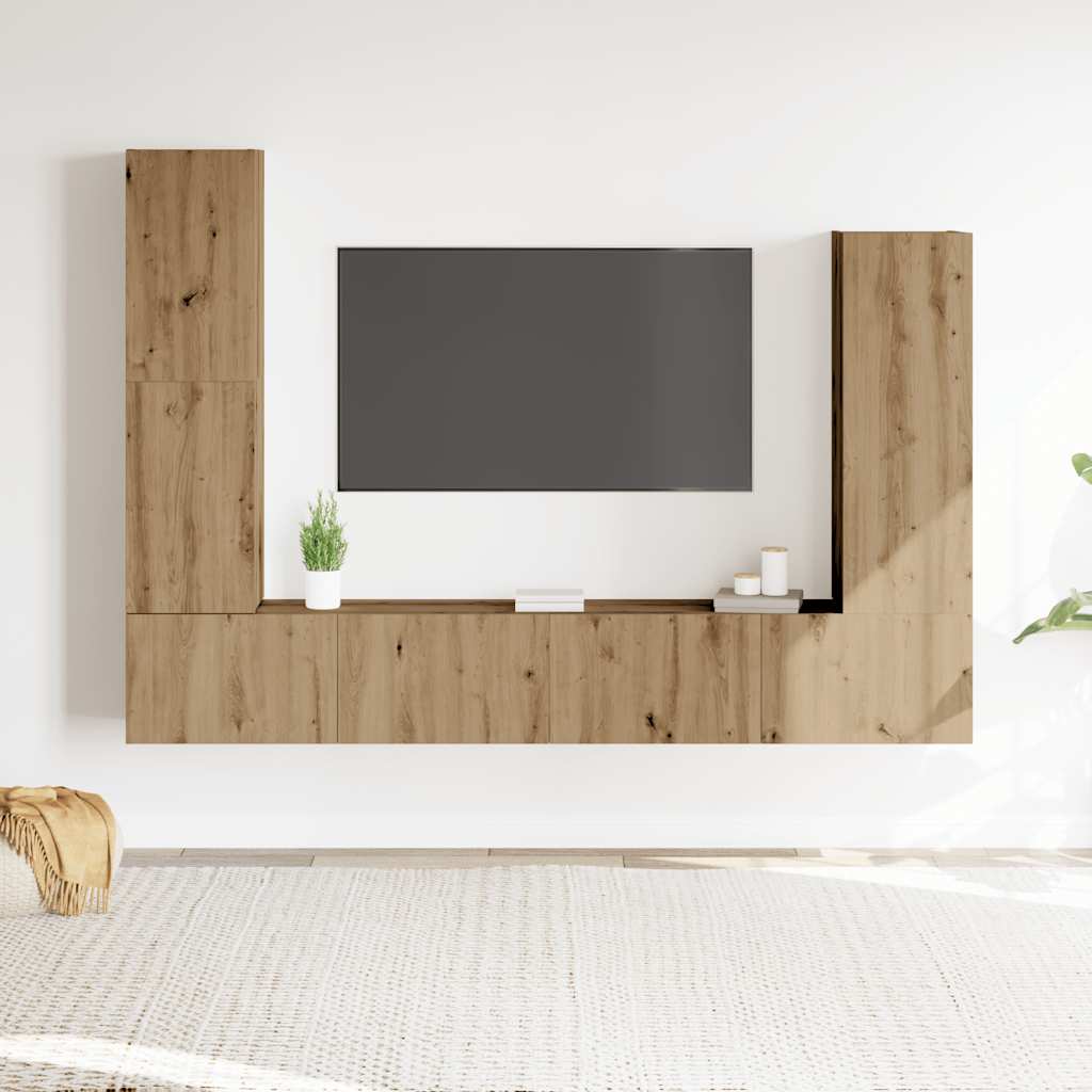 4-delig Tv-meubelset wandmontage bewerkt hout artisanaal eiken – afbeelding 1