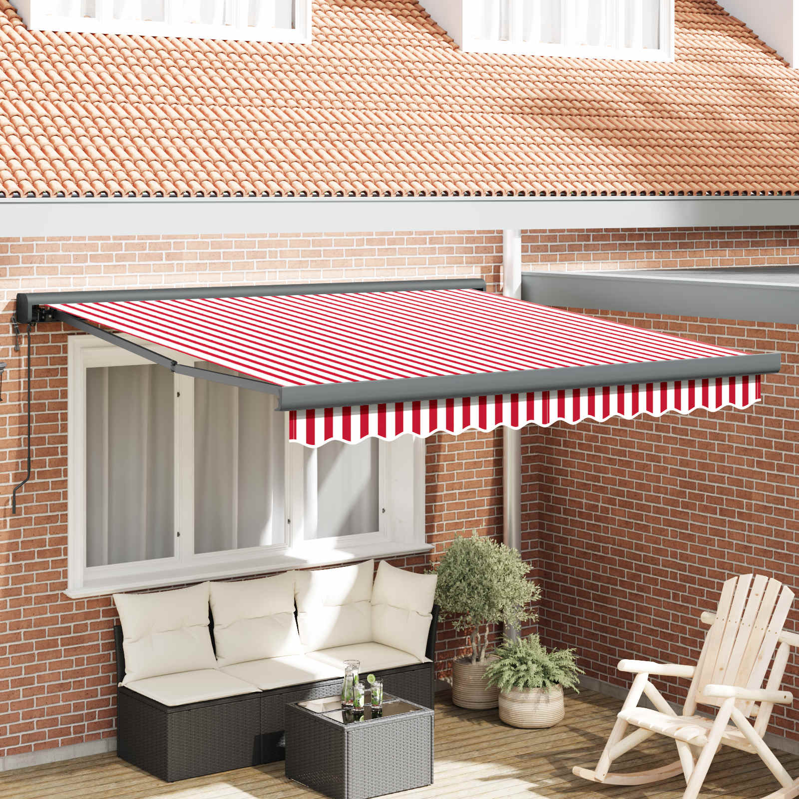 Uitschuifbare luifel Rood en Wit 300 x 250 cm Stof en Metaal