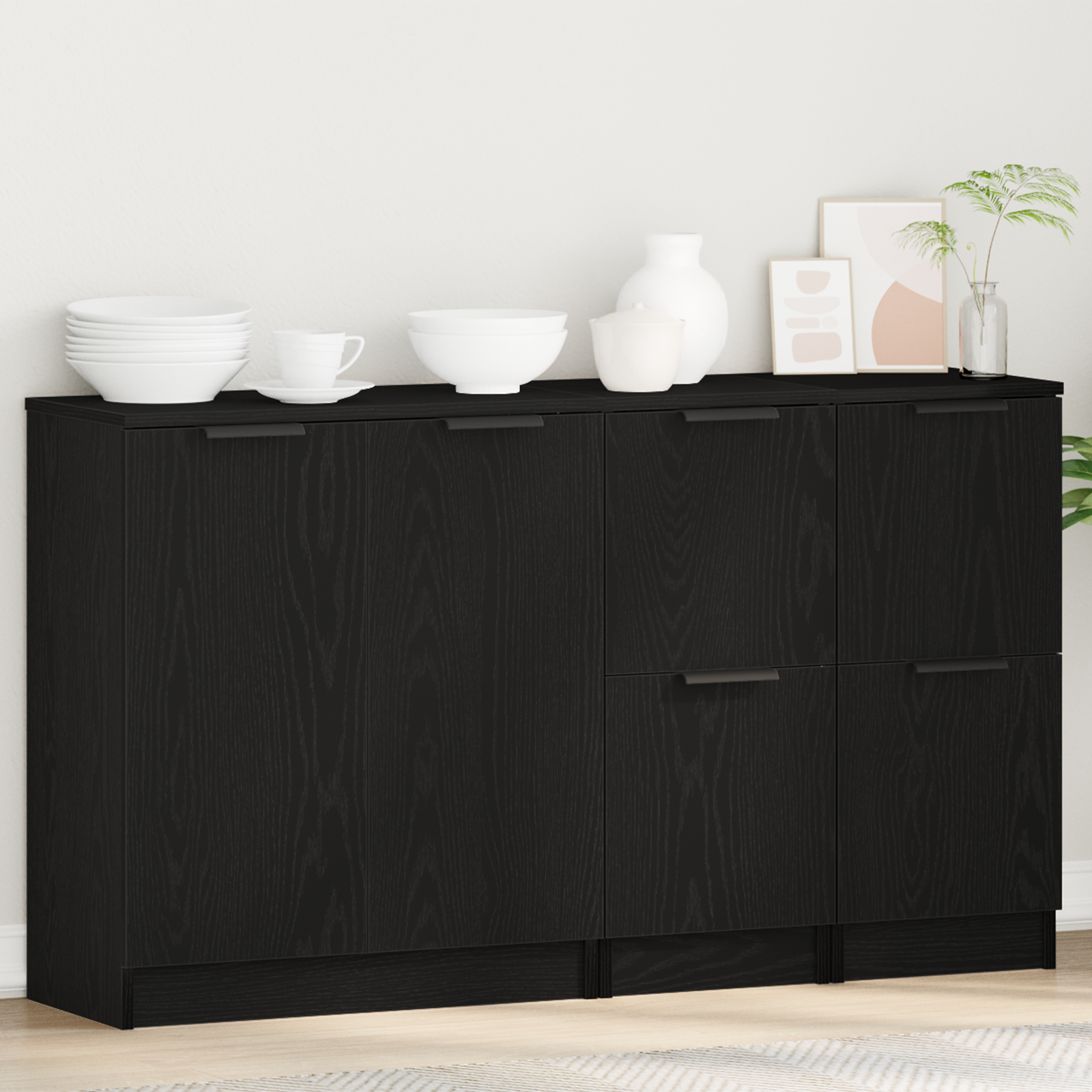 Dressoir 3 pcs Zwart Eiken Bewerkt hout – afbeelding 1