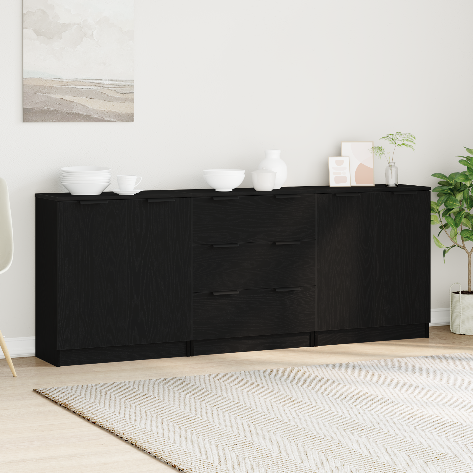 Dressoir 3 pcs Zwart Eiken 180 x 30 x 70 cm Bewerkt hout