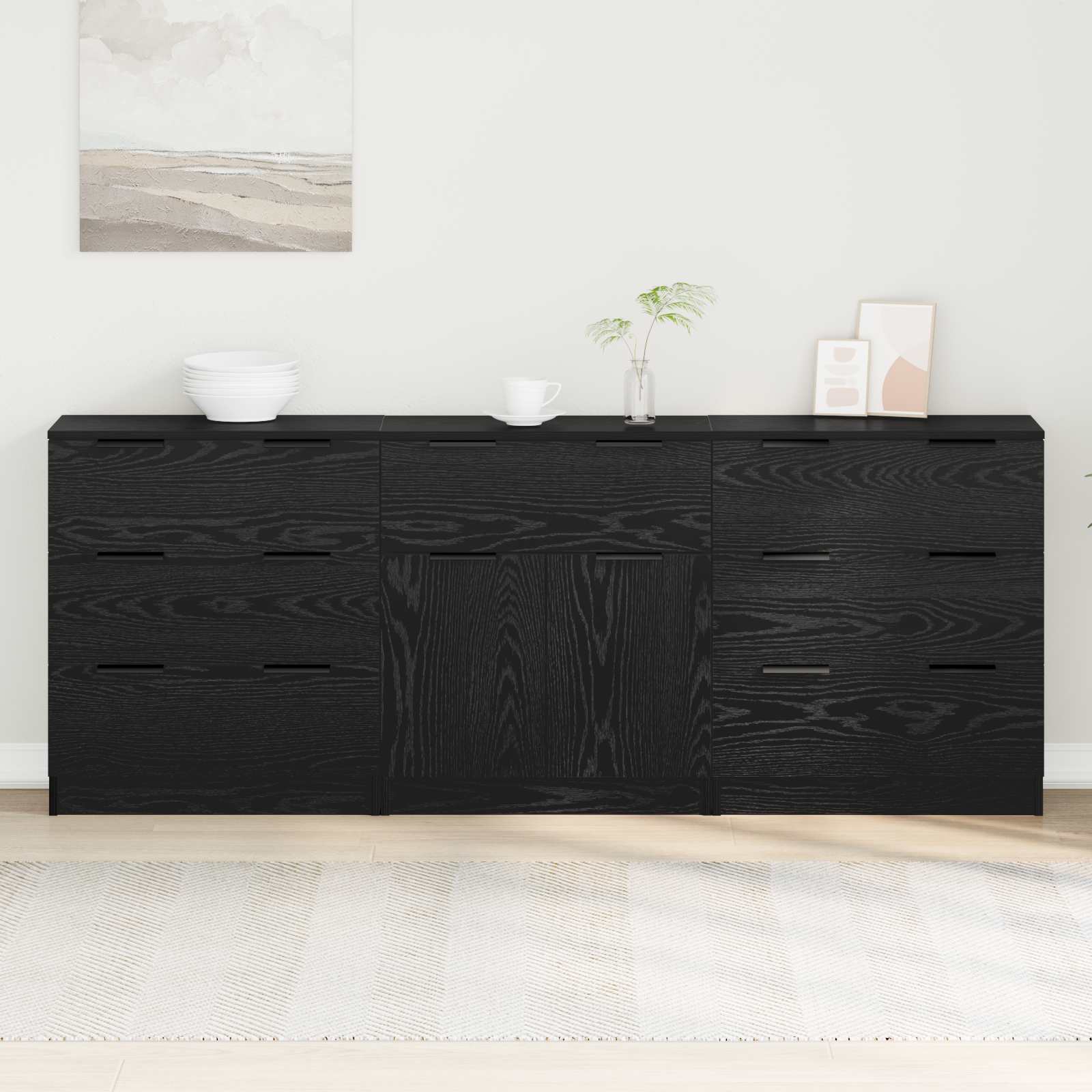 Dressoir 3 pcs Zwart Eiken 181 x 30 x 70 cm Bewerkt hout – afbeelding 1