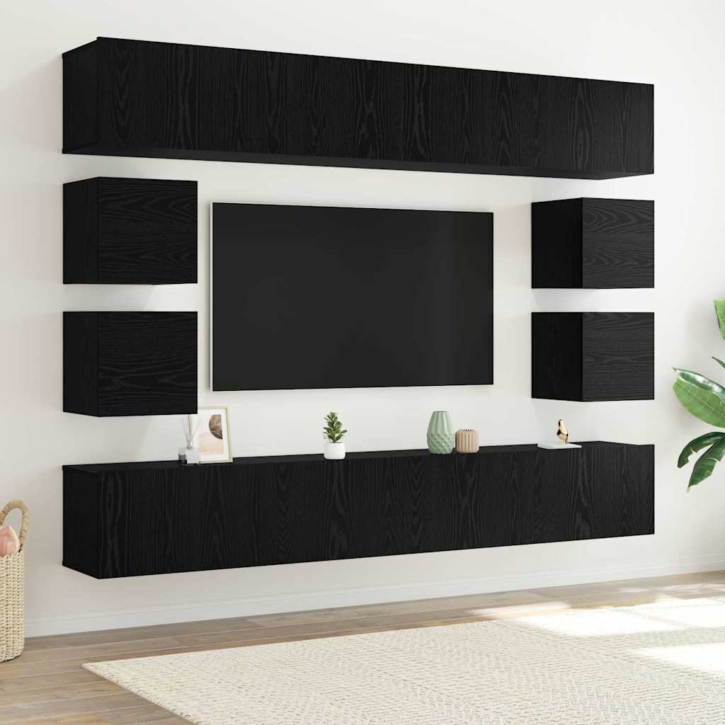 Tv-meubelset Wandgemonteerd 8 pcs Zwart Eiken Bewerkt hout – afbeelding 1