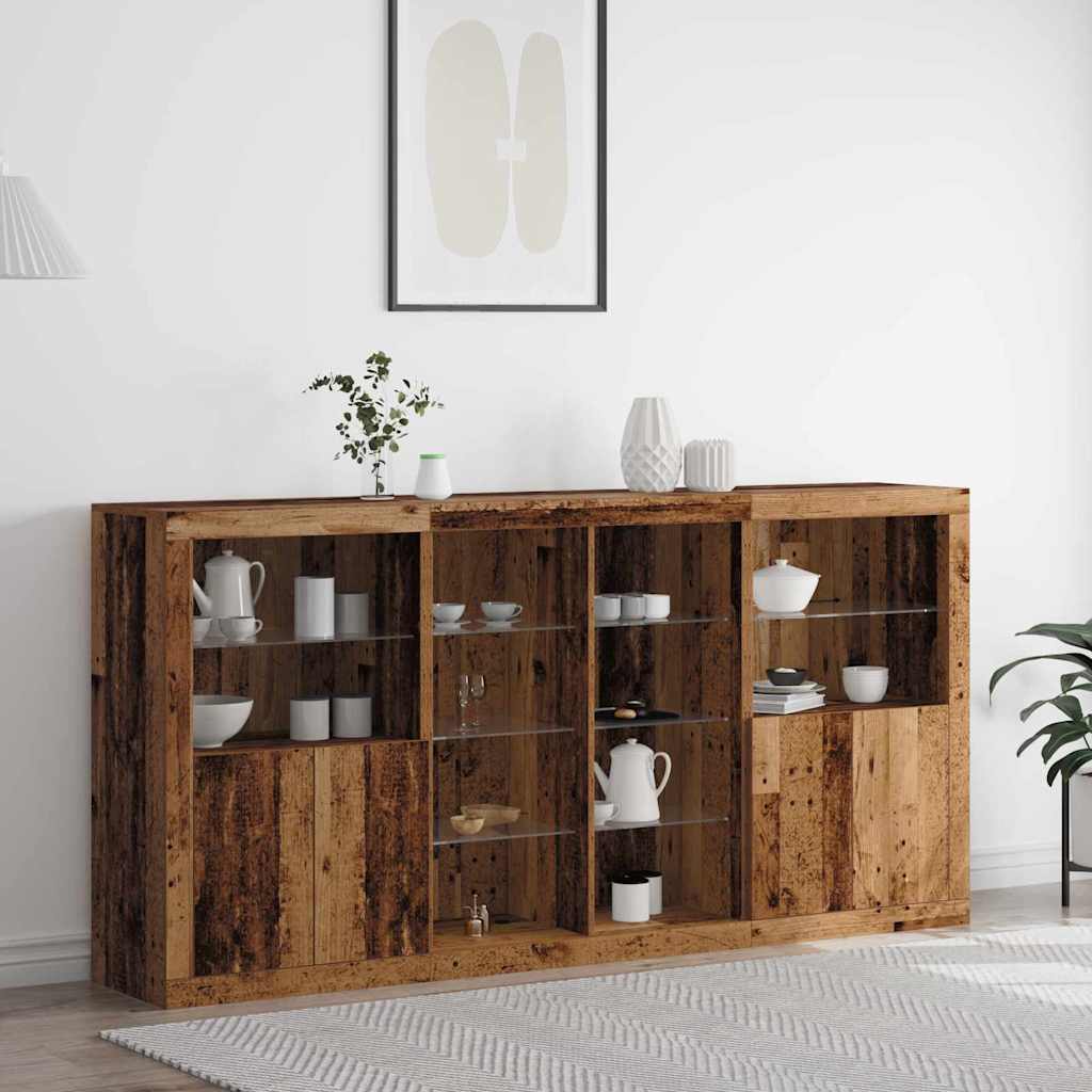 LED Sideboard 3 pcs Oudhout 202 x 37 x 100 cm Bewerkt hout
