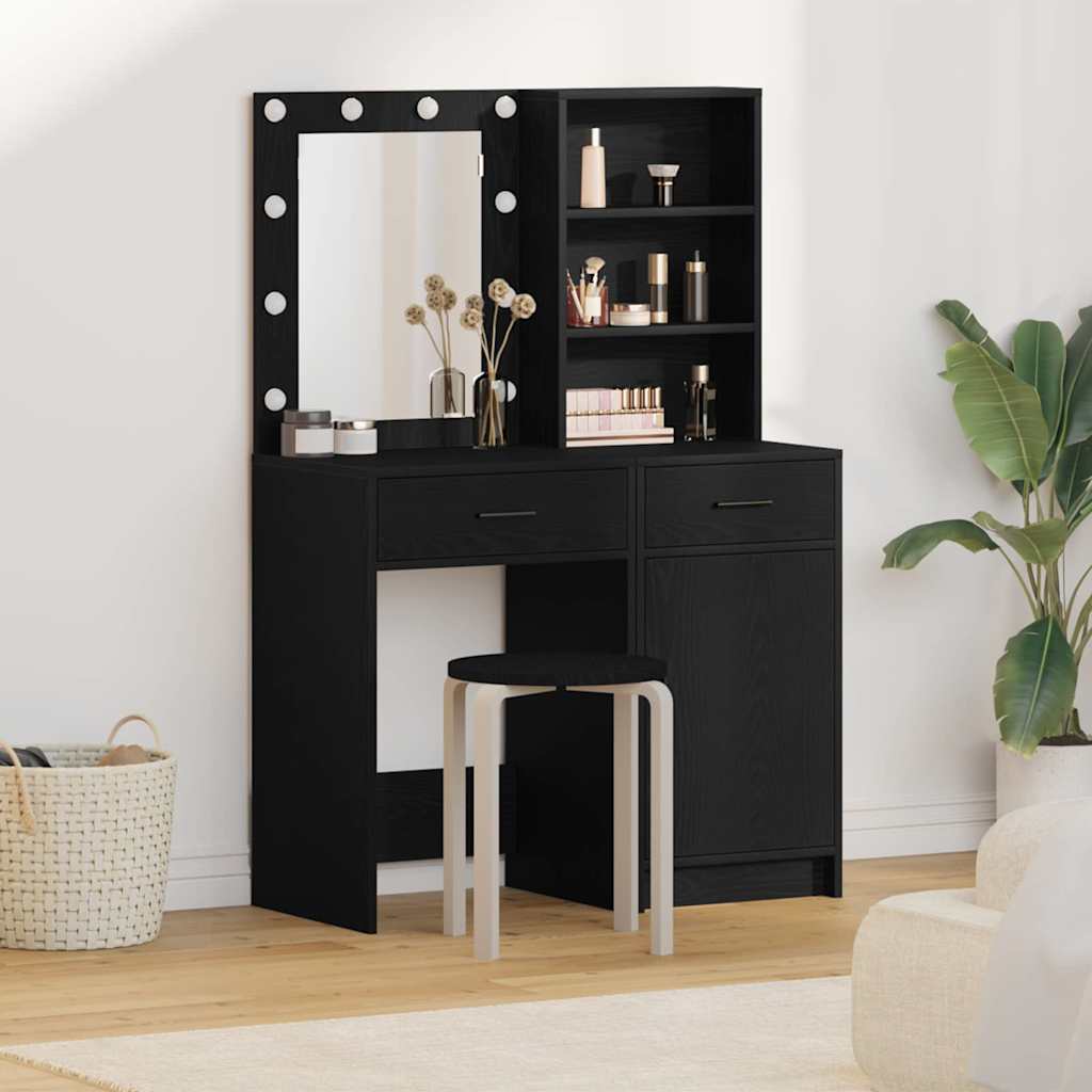 Make-up tafel set met LED 2 pcs Zwart Eiken Bewerkt hout
