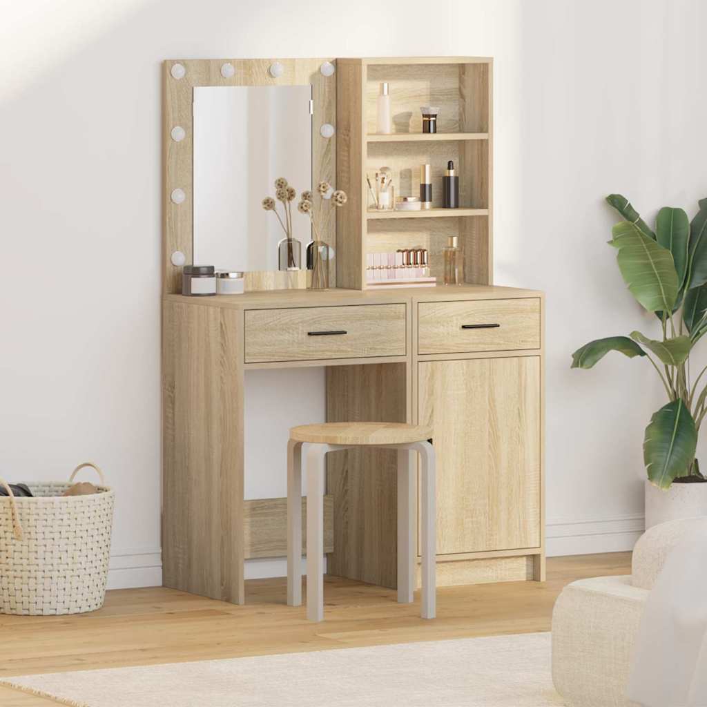 Make-up tafel set met LED 2 pcs Sonoma Eiken Bewerkt hout