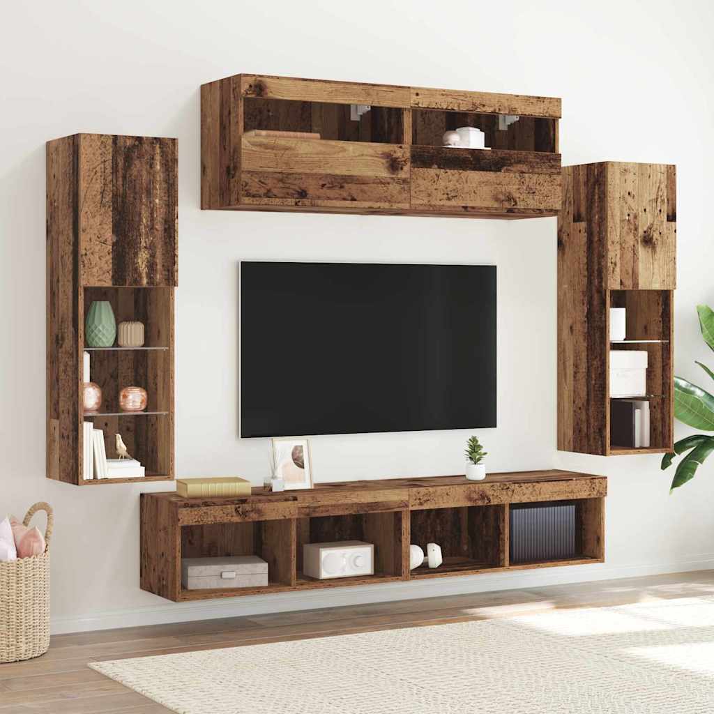 Tv-meubelset met LED-striplichten 6 pcs Oud hout Bewerkt hout – afbeelding 1