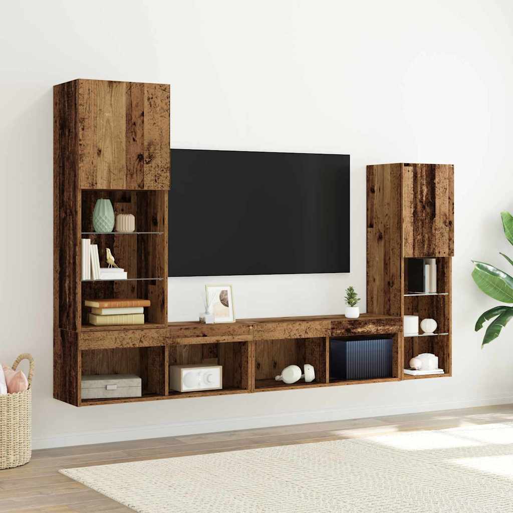 TV-kast met LED-striplichten 4 pcs Oud hout Bewerkt hout