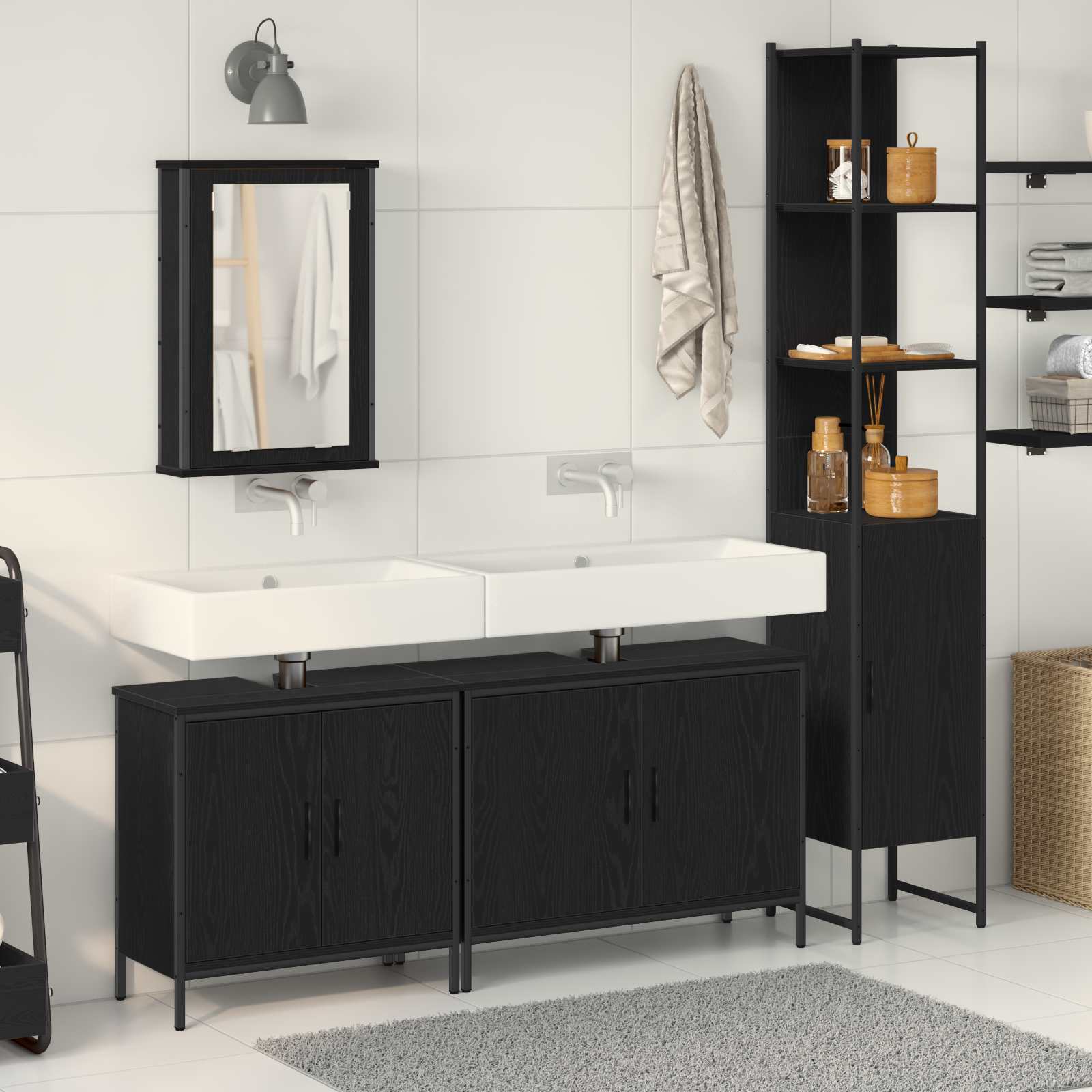 Badkamermeubelset met plank met opslag 4 pcs Zwart Bewerkt hout