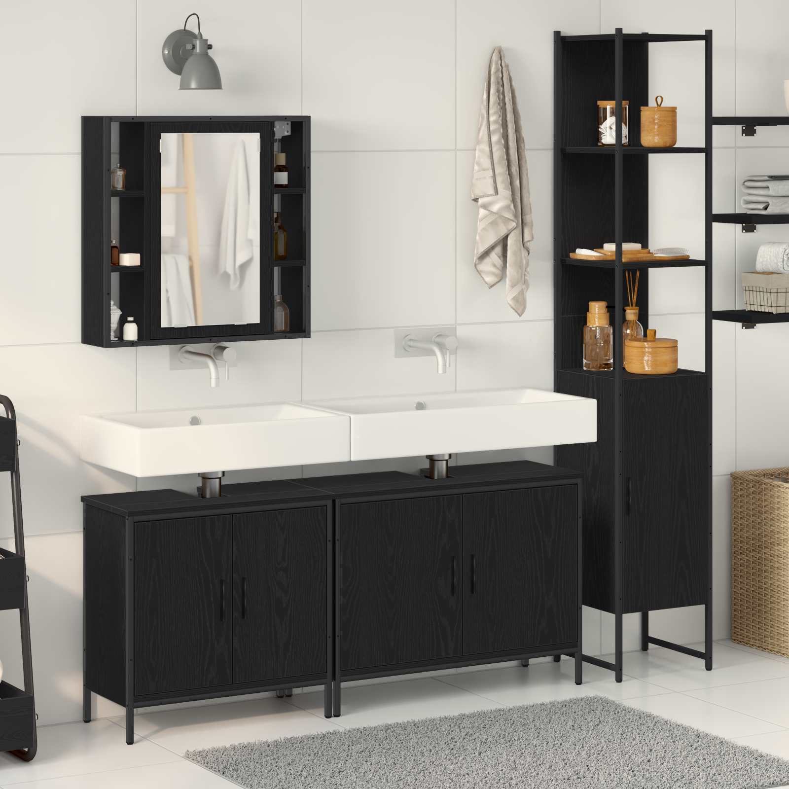 Badkamermeubelset met plank met opslag 4 pcs Zwart Bewerkt hout – afbeelding 1