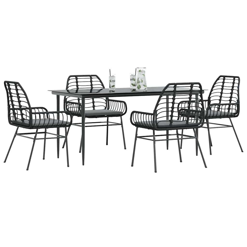 5-delige Tuinset met kussens poly rattan glas zwart – afbeelding 1