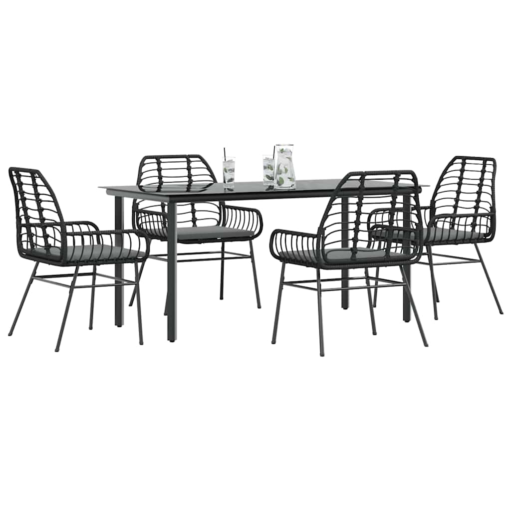 5-delige Tuinset met kussens poly rattan glas zwart – afbeelding 1