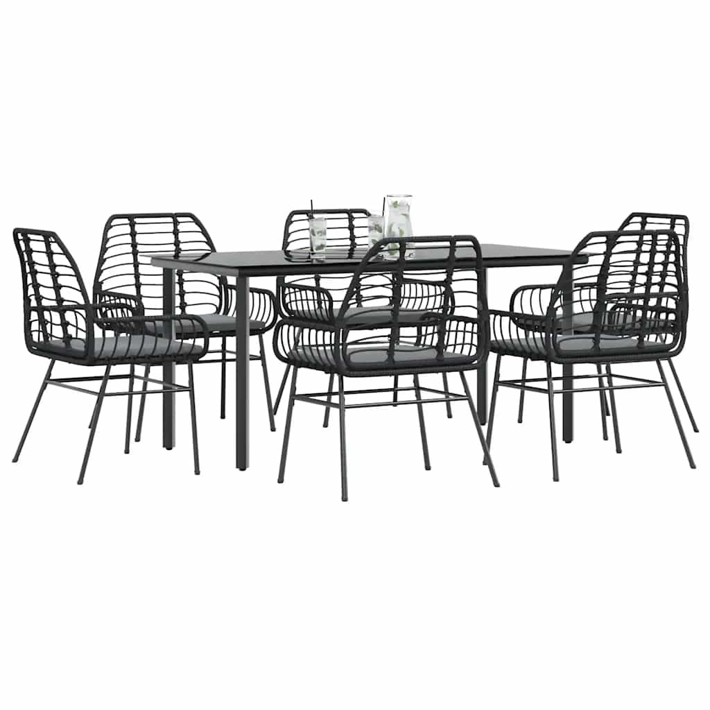 7-delige Tuinset met kussens poly rattan glas zwart