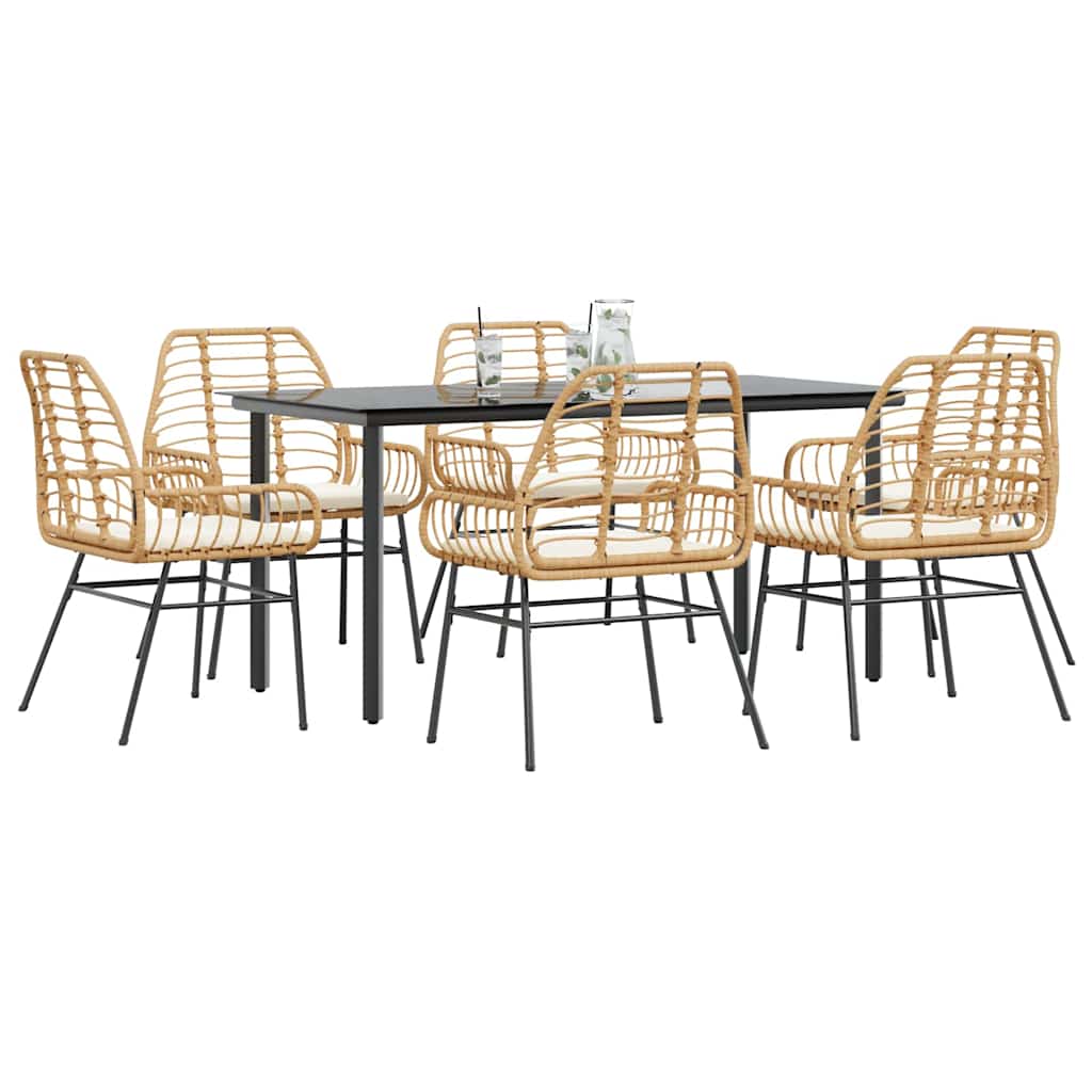 7-delige Tuinset met kussens poly rattan glas bruin – afbeelding 1
