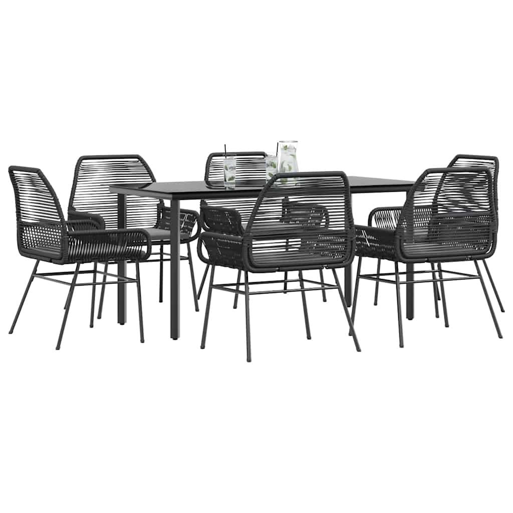 7-delige Tuinset met kussens poly rattan glas zwart – afbeelding 1