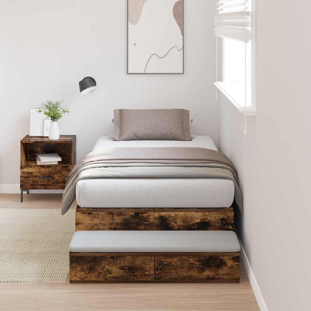 Opbergbedframe met lade Gerookt eiken 80 cm Bewerkt hout – afbeelding 1