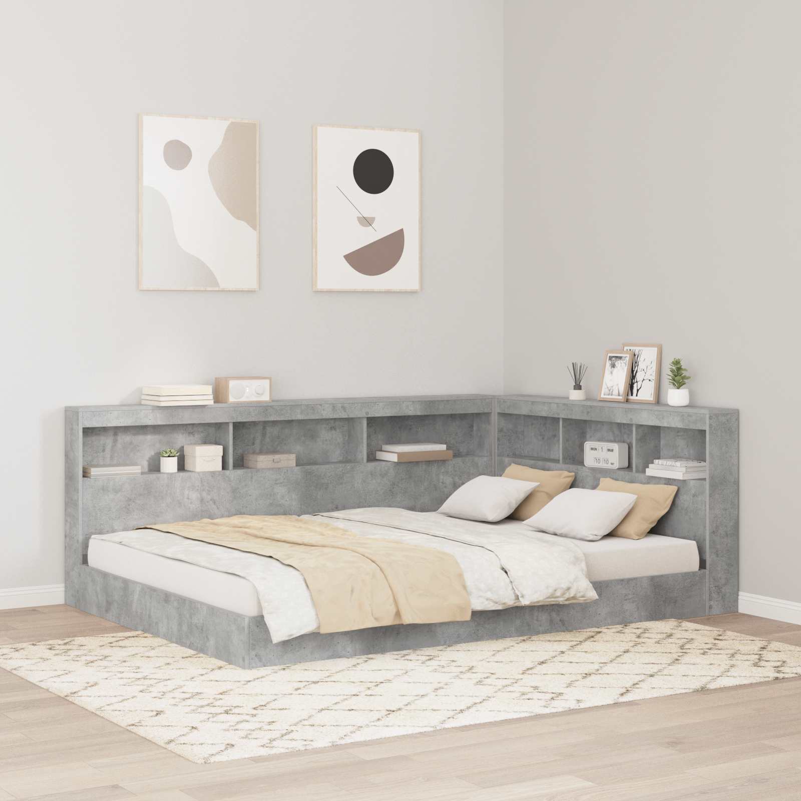 Boekenkast Bed met opslag Betongrijs 140 x 200 cm Bewerkt hout – afbeelding 1