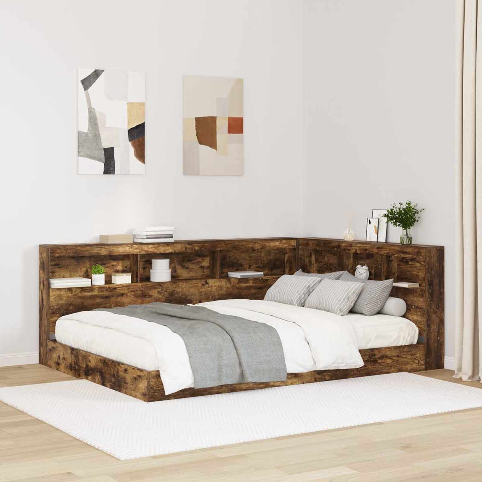 Boekenkast Bed Gerookt eiken 160 x 200 cm Bewerkt hout – afbeelding 1