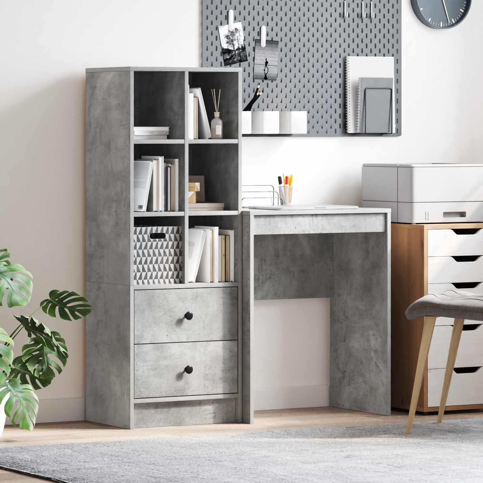 Bureau met lade met plank met opslag 2 pcs Beton Grijs