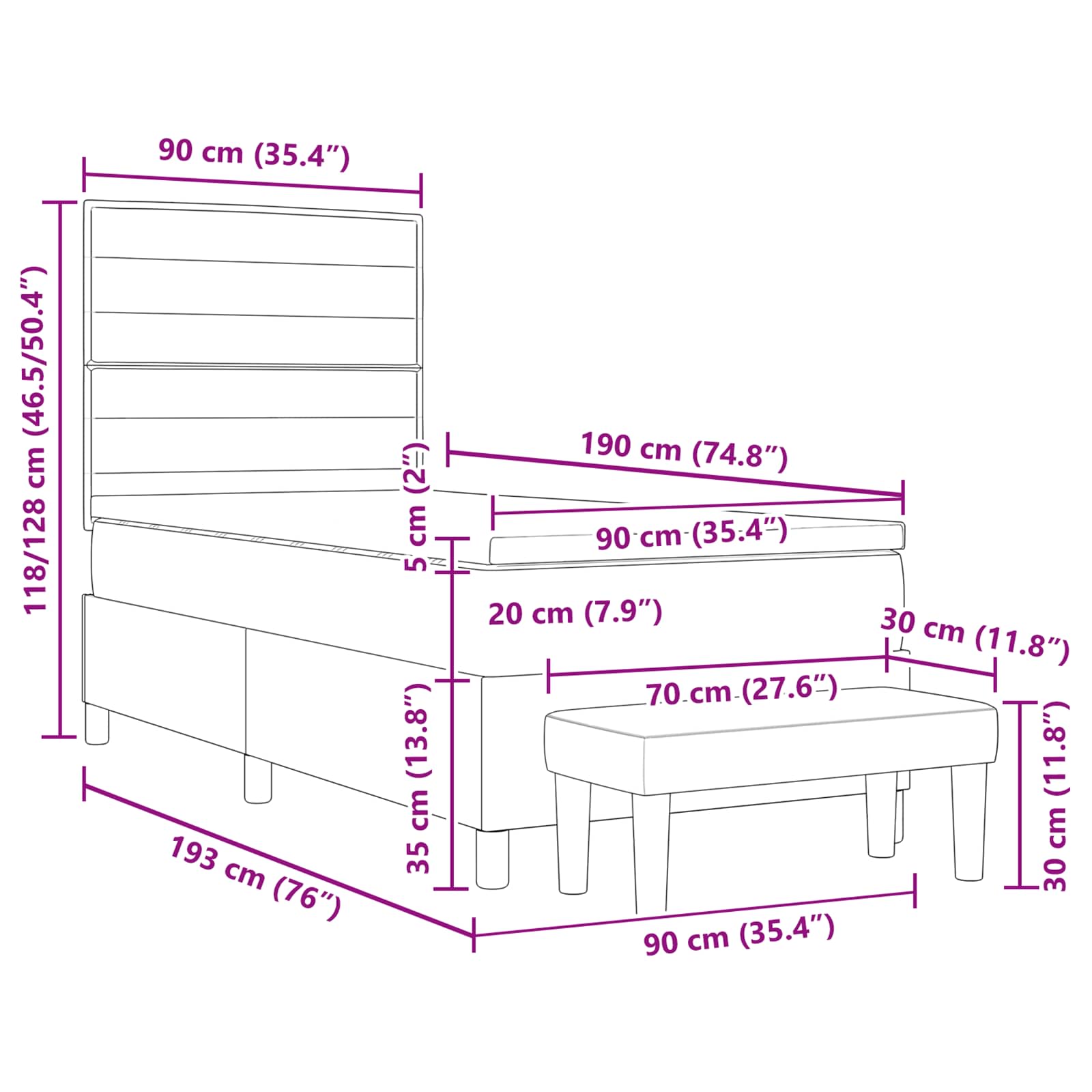 Boxspringbed met hoofdeinde Zwart 90 x 190 cm Stof – afbeelding 7