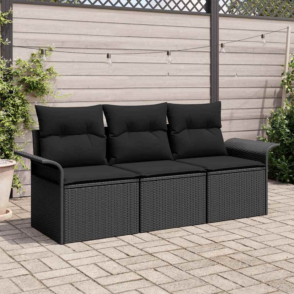 Bankstel met kussen 3 pcs Zwart poly rattan