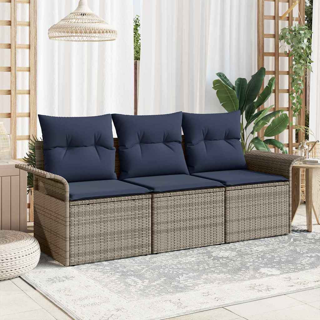 Bankstel met kussen 3 pcs Grijs en Marineblauw poly rattan