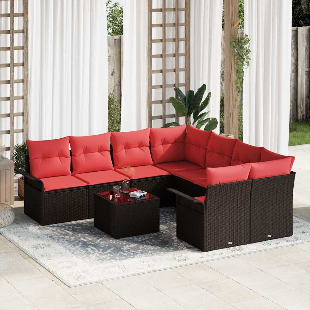 Tuin Sofa Set met kussen 9 pcs Bruin en Rood poly rattan
