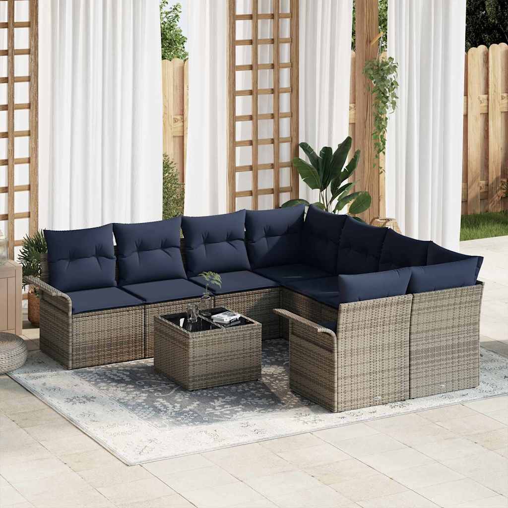 Tuin Sofa Set met kussen 9 pcs Grijs en Marineblauw poly rattan