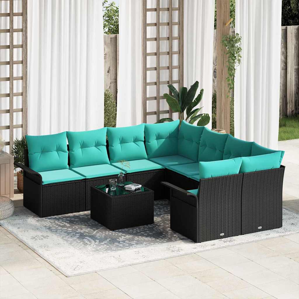 Tuin Sofa Set met kussen 9 pcs Zwart poly rattan