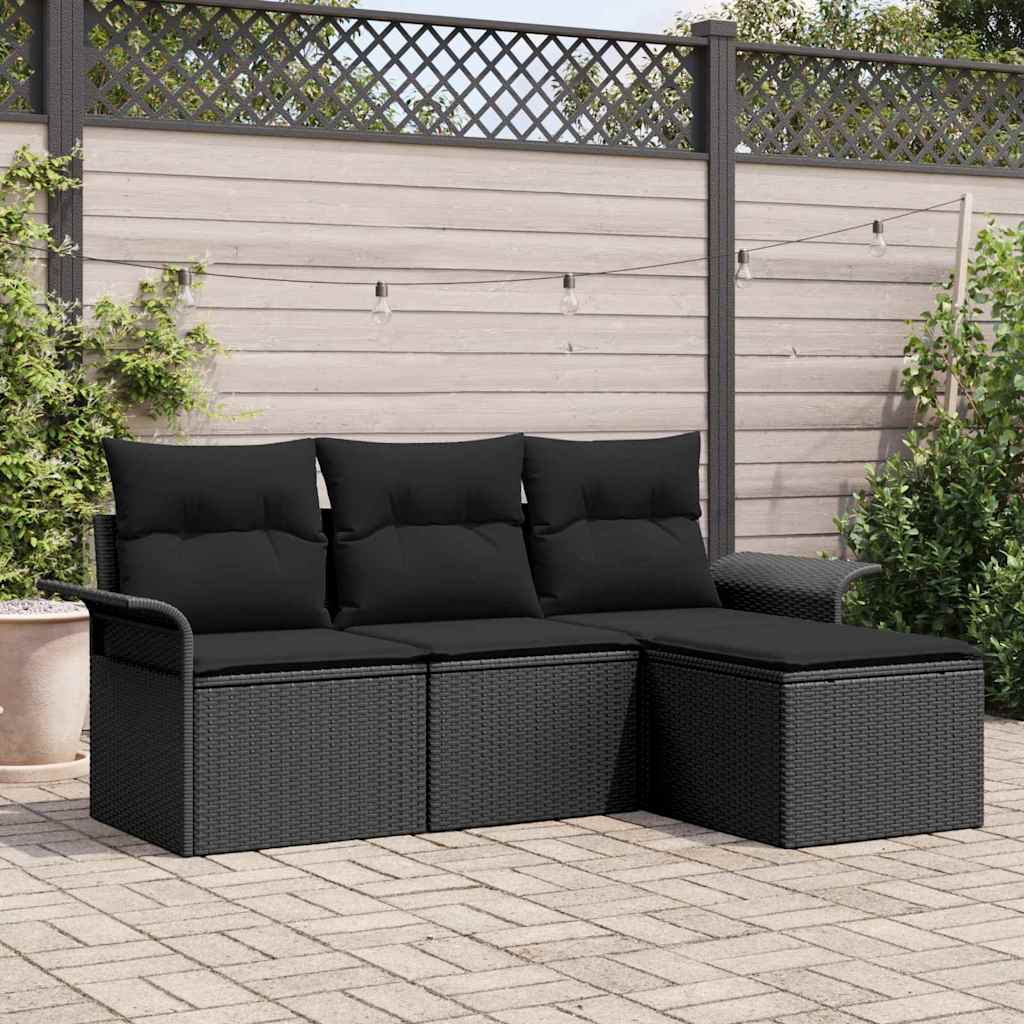 Bankstel met kussen 4 pcs Zwart poly rattan