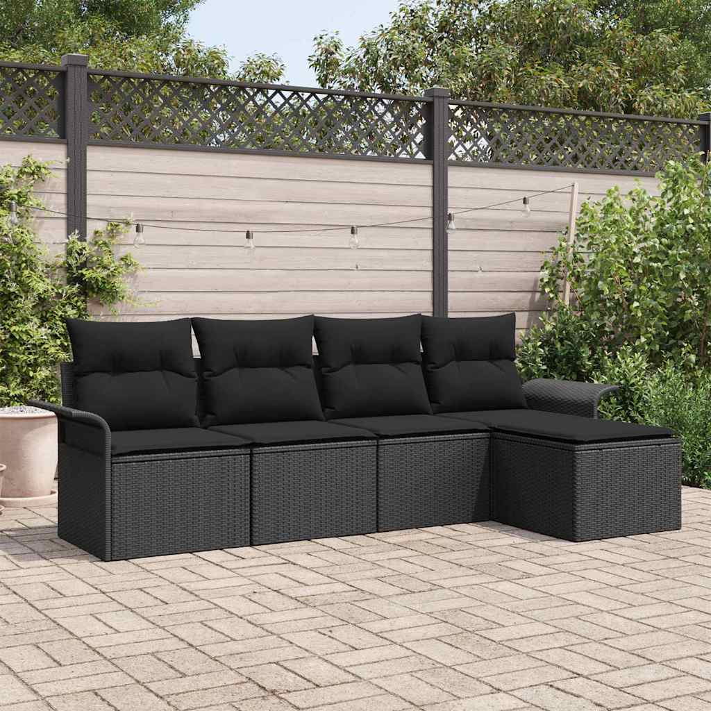 Buitensofa met kussen 5 pcs Zwart poly rattan – afbeelding 1