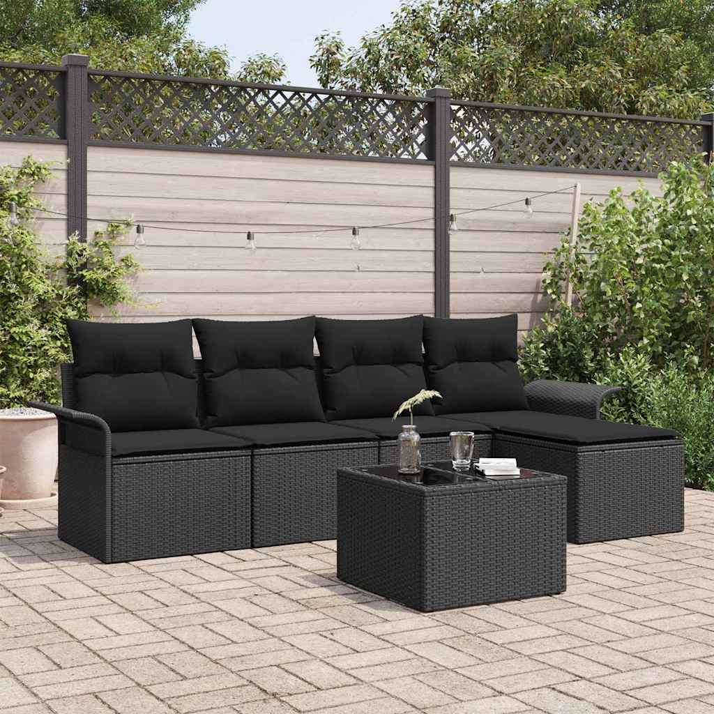 Buitensofa met kussen 6 pcs Zwart poly rattan – afbeelding 1