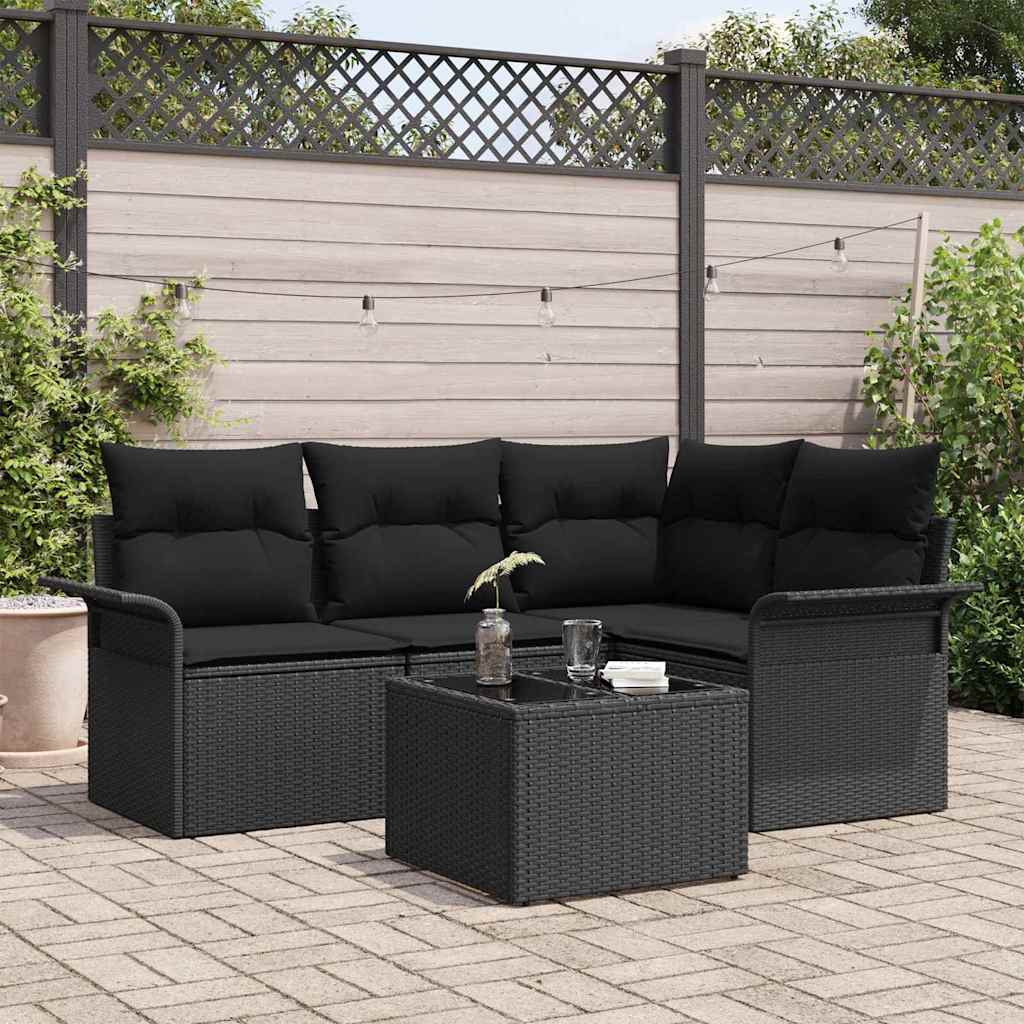 Tuin Sofa Set met kussen 5 pcs Zwart poly rattan – afbeelding 1
