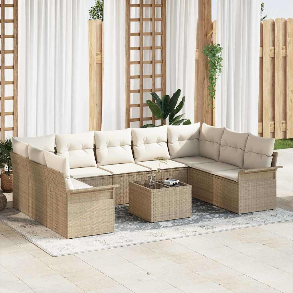 Tuinbankenset met kussen 10 pcs Beige poly rattan – afbeelding 1