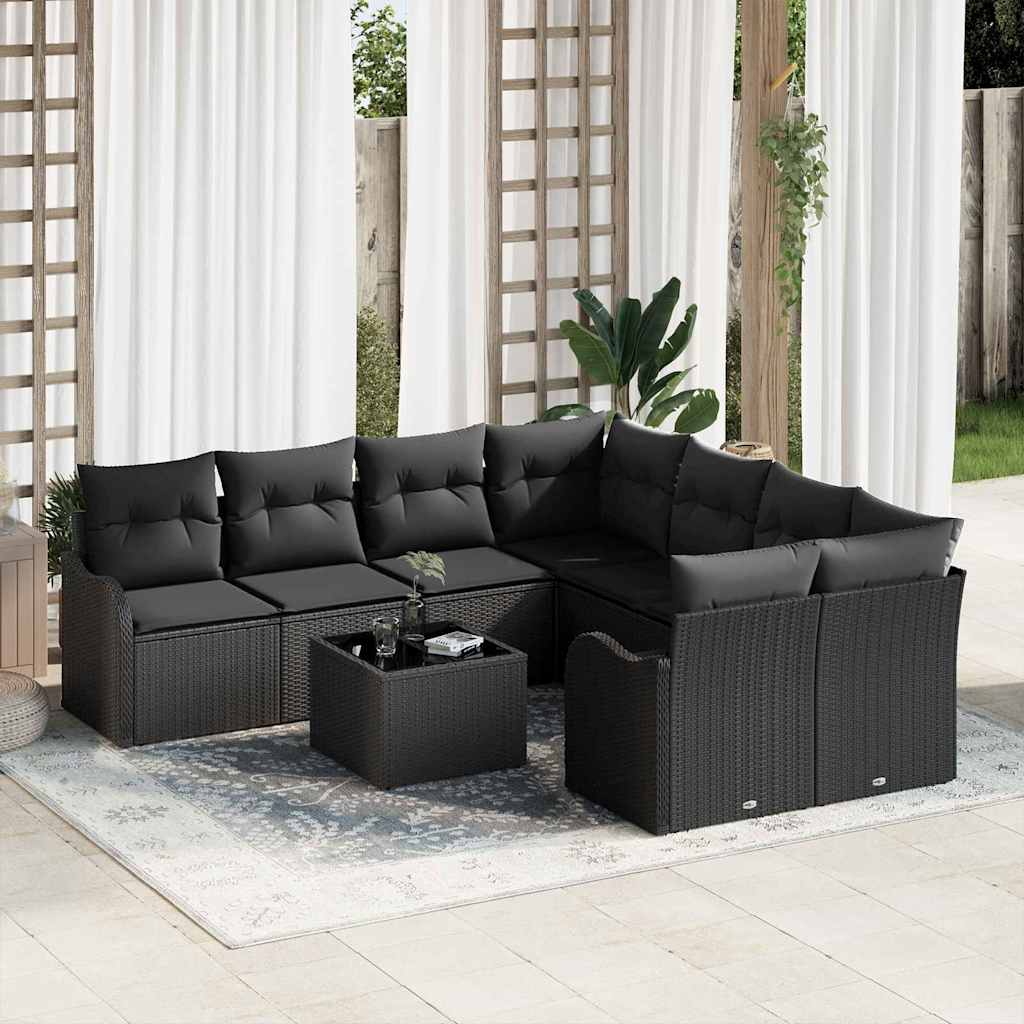 Tuin Sofa Set met kussen met opslag 9 pcs Zwart poly rattan