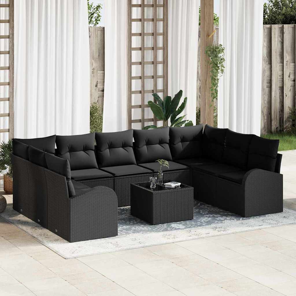 Bankstel met kussen 10 pcs Zwart Poly Rattan – afbeelding 1