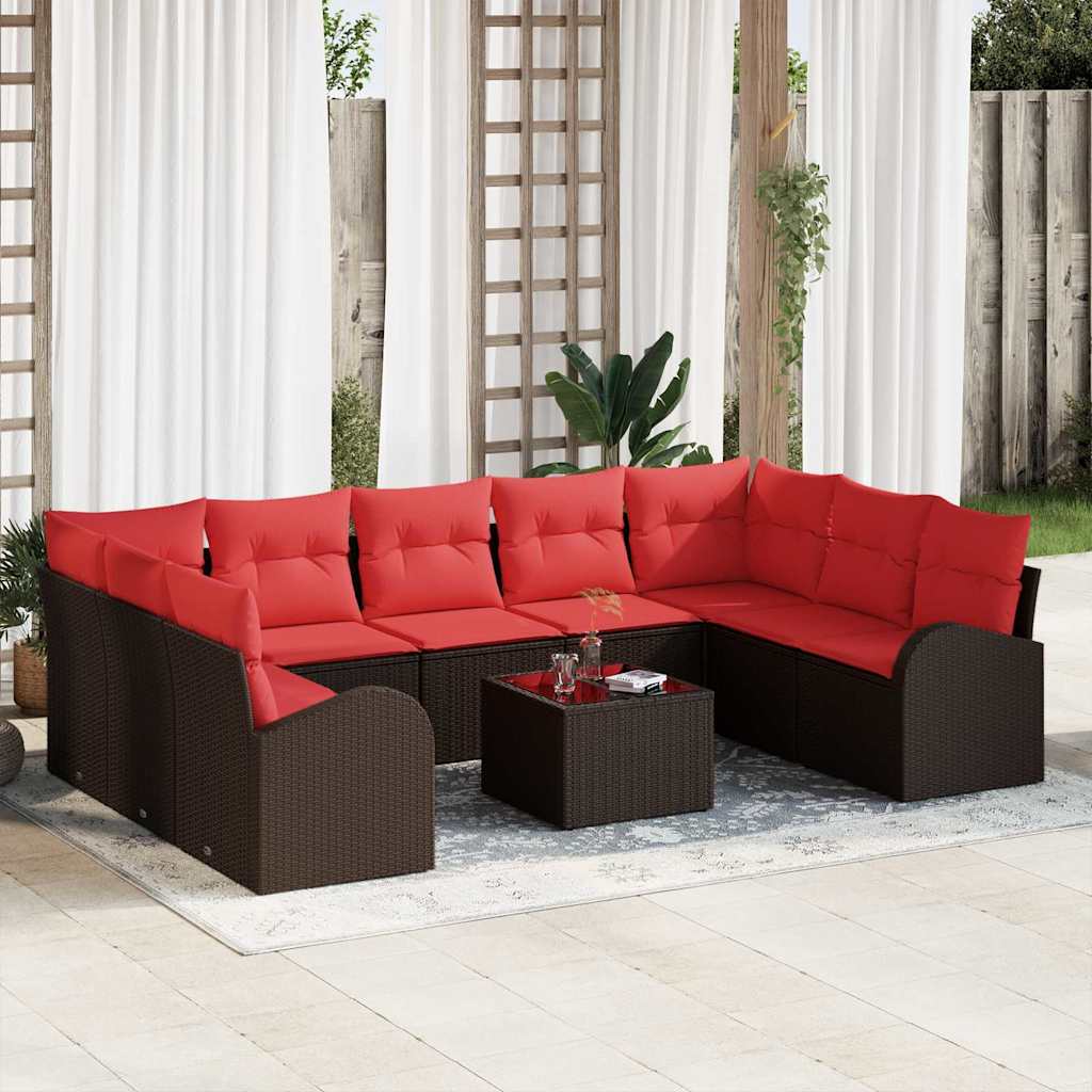 Bankstel met kussen 10 pcs Bruin Poly Rattan – afbeelding 1