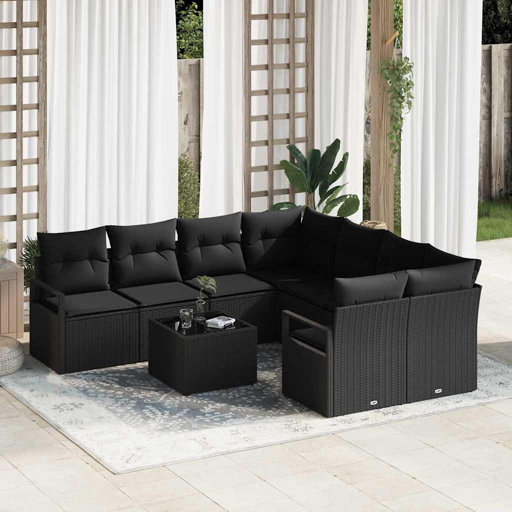 Bankstel met kussen 9 pcs Zwart poly rattan