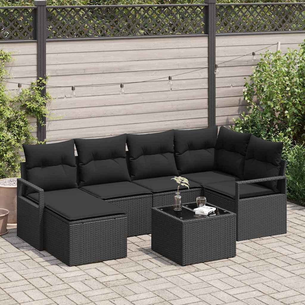 Bankstel met kussen 7 pcs Zwart poly rattan – afbeelding 1
