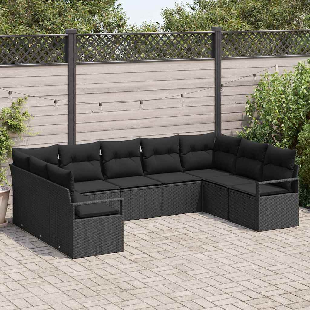 Bankstel met kussen 9 pcs Zwart poly rattan – afbeelding 1