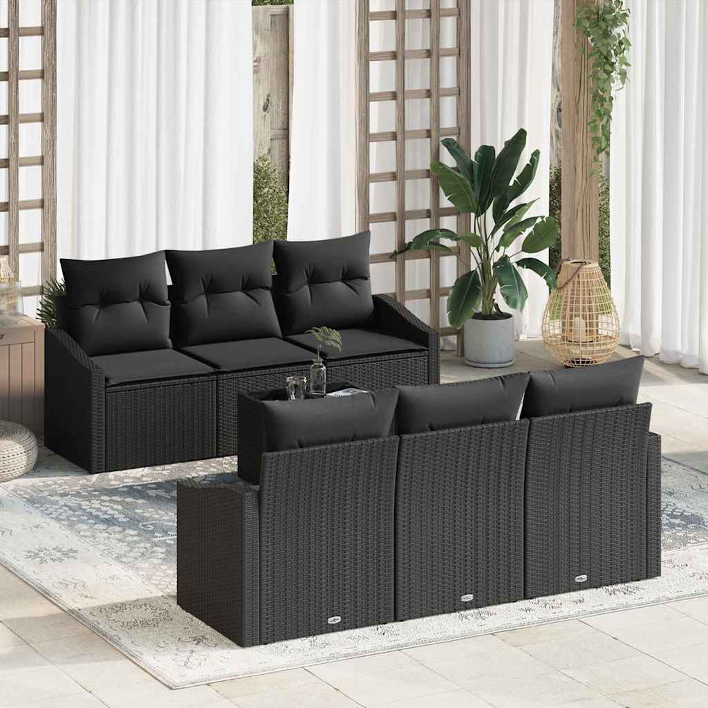 Bankstel met kussen met kussen 7 pcs Zwart poly rattan