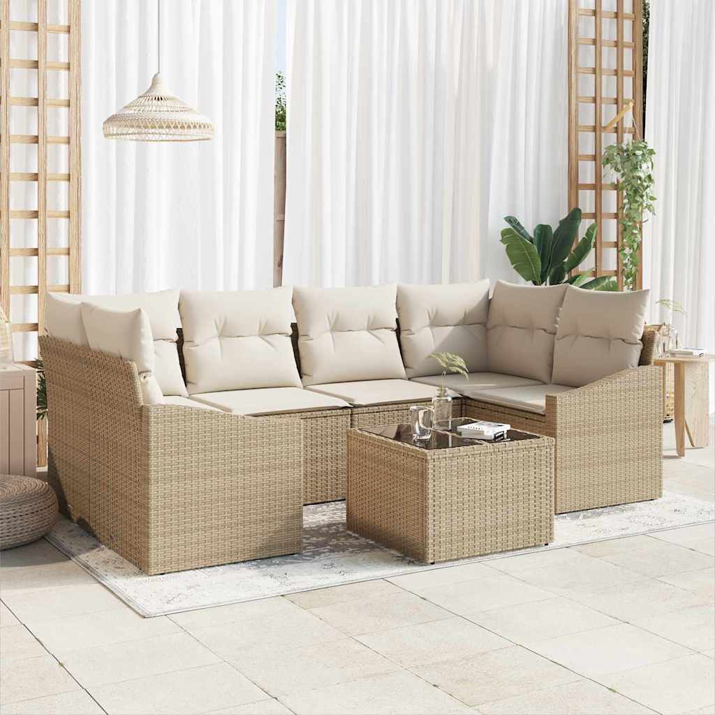 Bankstel met kussen met kussen 7 pcs Beige en Crème poly rattan